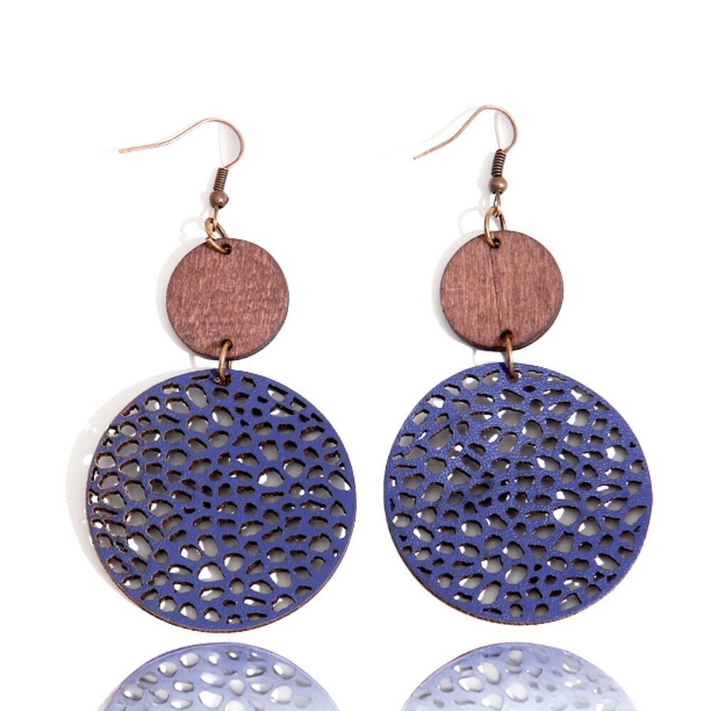 Dark Blue Fashion Wooden Hollow Out Round Drop Earrings